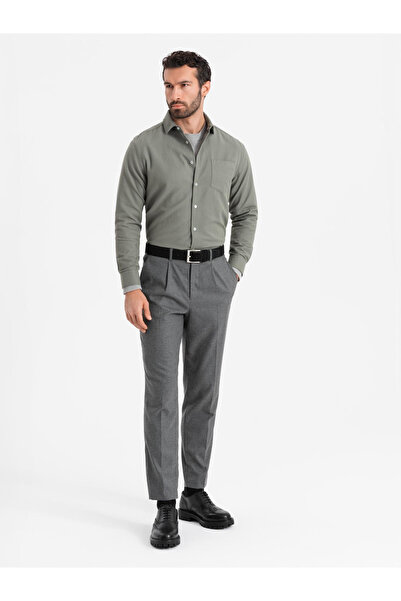 OMBRE Pánská košile REGULAR FIT s kapsou - khaki V4 OM-SHCS-0148 XL