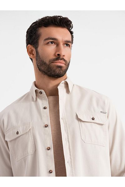 OMBRE Pánská bavlněná košile REGULAR FIT s kapsami na knoflíky - krémová V1 OM-SHCS-0146 S