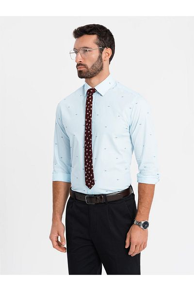 OMBRE Klassisches Herrenhemd aus Baumwolle SLIM FIT im Netzstoff - blau V4 OM-SHCS-0156 L