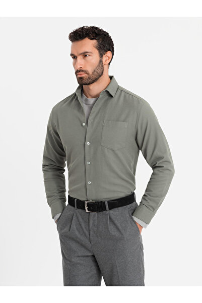 OMBRE Pánská košile REGULAR FIT s kapsou - khaki V4 OM-SHCS-0148 XL