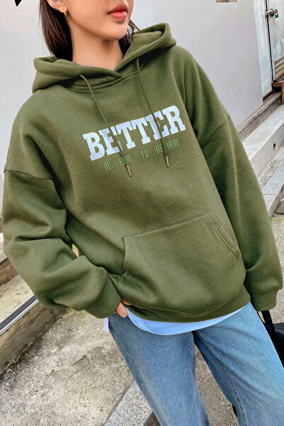 Benisengiydir Dámská zelená oversize mikina s kapucí s lepším potiskem