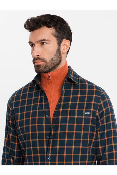 OMBRE Ανδρικό καρό φανελένιο πουκάμισο SLIM FIT - navy blue και πορτοκαλί V1 OM-SHCS-0145 L