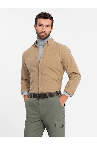 OMBRE Ανδρικό βαμβακερό πουκάμισο REGULAR FIT με τσέπη - ανοιχτό καφέ V2 OM-SHOS-0153 XXL