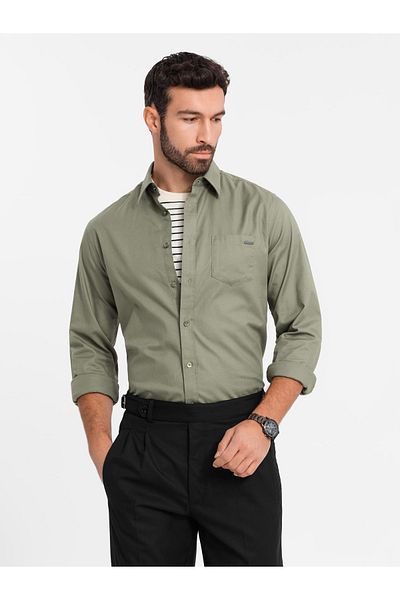 OMBRE Ανδρικό βαμβακερό πουκάμισο με τσέπη REGULAR FIT - olive V2 OM-SHCS-0147 S