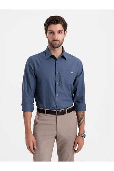 OMBRE Ανδρικό βαμβακερό πουκάμισο με τσέπη REGULAR FIT - μπλε V3 OM-SHCS-0147 M