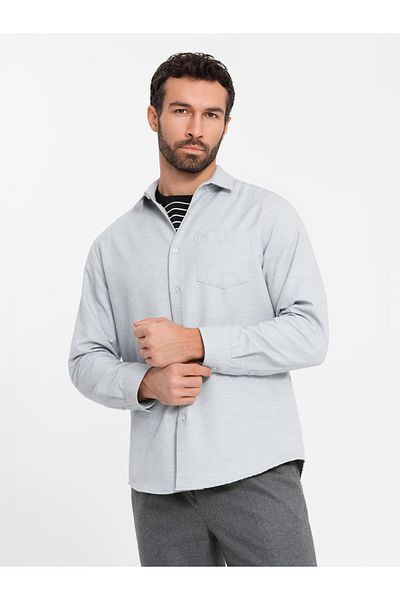 OMBRE Pánská košile s kapsou REGULAR FIT - světle šedá melanž V2 OM-SHCS-0148 M