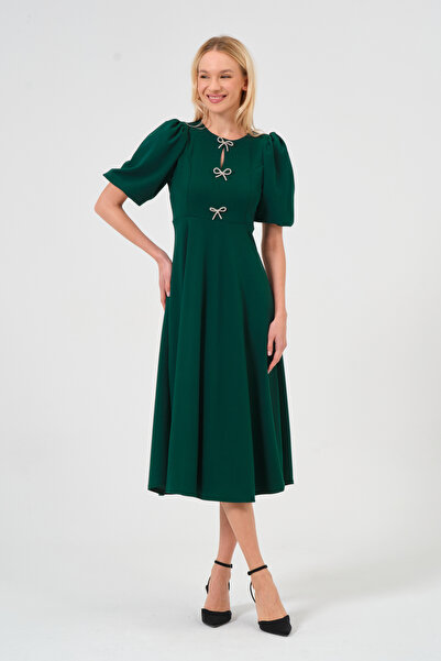 Moda Palmiss Γυναικείο Σμαραγδένιο Πράσινο Φιόγκο Καρφίτσα Μπαλόνι Μίντι Φόρεμα