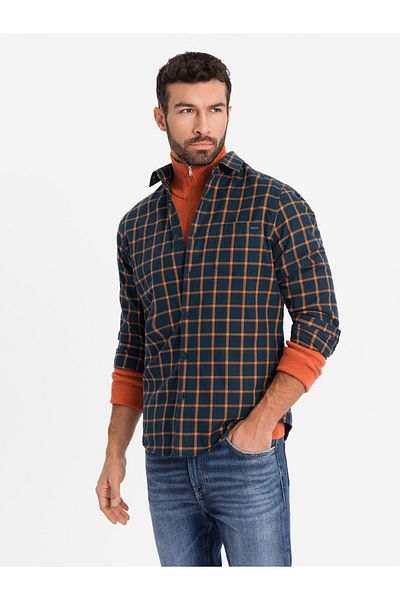 OMBRE Ανδρικό καρό φανελένιο πουκάμισο SLIM FIT - navy blue και πορτοκαλί V1 OM-SHCS-0145 L