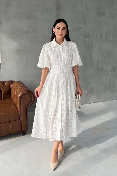 Seda Yalçın Atelier White Venyl Balloon Sleeve Flared Dress with Belt