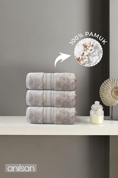 Anılsan 3-Piece Brown Super Soft Bordered Hand Towels - 50X90 Cm, 250 Gr, 100% Cotton, Spa and Hotel Towels