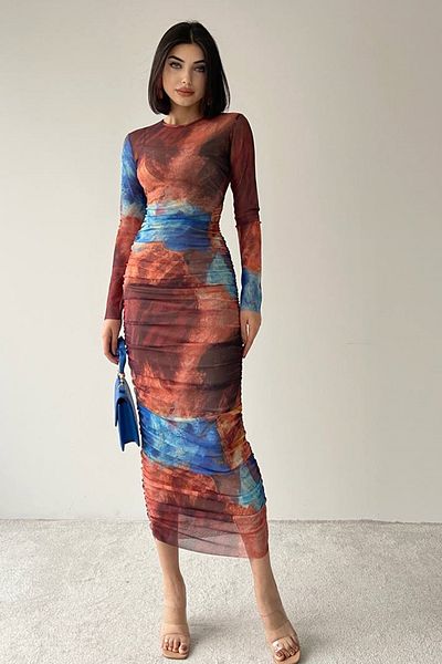 barış sülün lovebox Women's Lined Digital Printed Tie-Dye Pattern Tulle Fabric Midi Dress 340