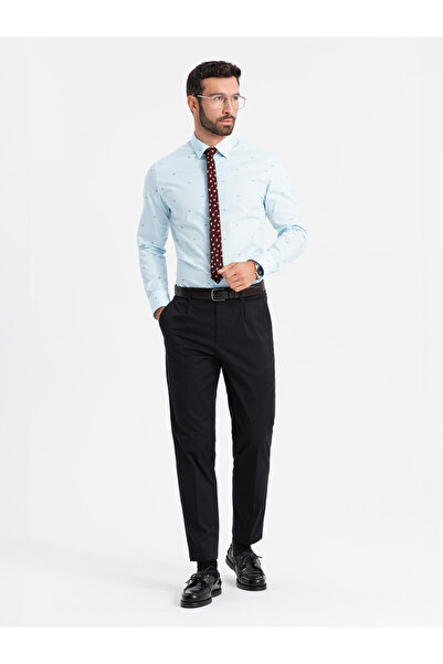 OMBRE Classic men's cotton SLIM FIT shirt in fishnet - blue V4 OM-SHCS-0156 L