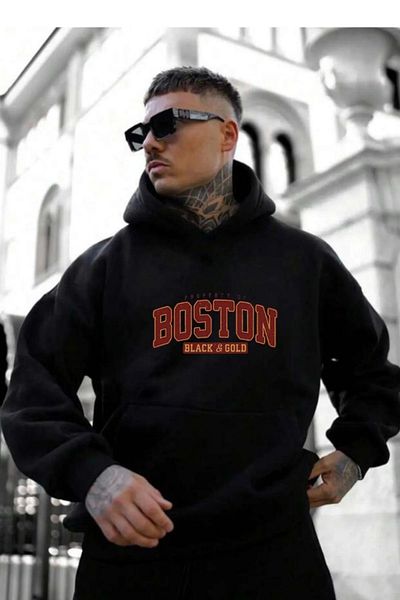 NO 601 Men's Black Boston Black&Gold Printed Hooded Winter Sweat