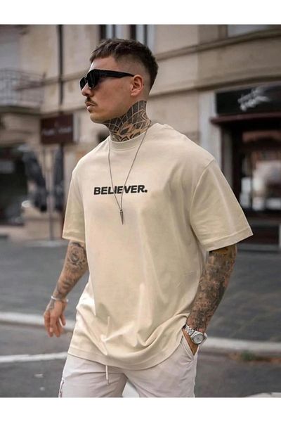 NO 601 Ανδρικό μπλουζάκι με στάμπα μπεζ Believer