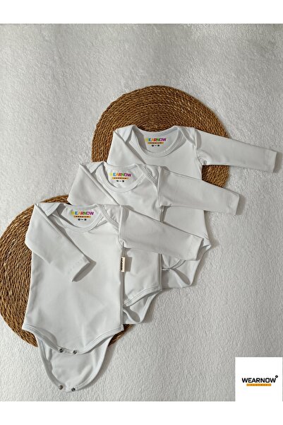 Wearnow Clothes Bebek %100 Pamuk 3'lü Uzun Kollu Basic Çıtçıtlı Beyaz Body Zı...