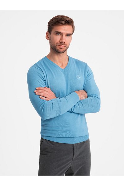OMBRE Eleganter Herren BASIC V-Ausschnitt Pullover mit Viskose - blau V21 OM-SWBS-0107 XXL
