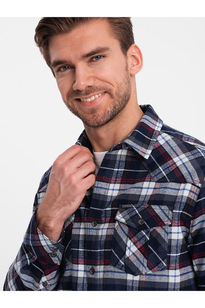 OMBRE Men's checkered flannel shirt with pockets - navy blue and red V2 OM-SHCS-0149 XXL