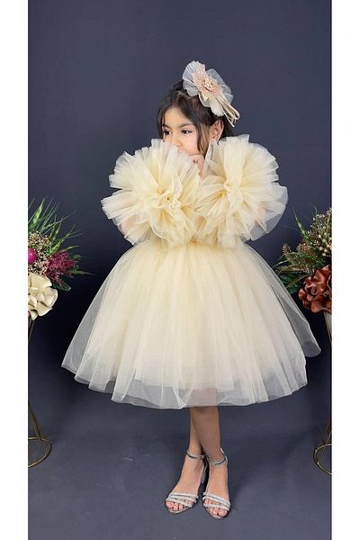 Buse&Eylül Bebe Gold Pompom Sleeves Sequin Girl's Evening Dress