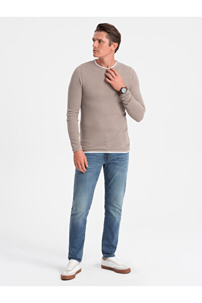 OMBRE Men's cotton sweater with round neckline - cold beige V9 OM-SWSW-0103 S