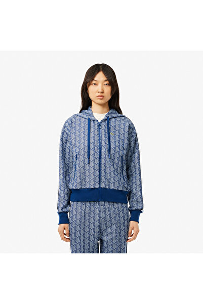 Lacoste Kadın Regular Fit Kapüşonlu Monogram Koyu Mavi Sweatshirt