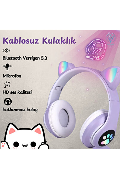 Genel Markalar Kablosuz Işıklı Kedili Kulaklık, Ledli, Çocuk Oyuncu Kulaklık,...