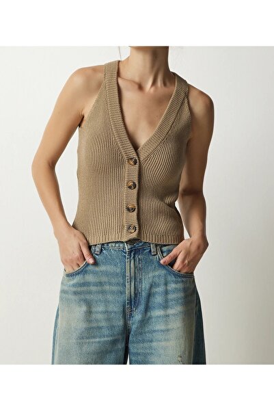Hotfashion Women's Mink Halter Neck Buttoned Knitwear Vest Sweater