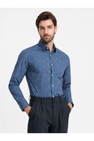 OMBRE Klassisches Herrenhemd SLIM FIT aus Baumwolle mit Palmen - dunkelblau V5 OM-SHCS-0156 M