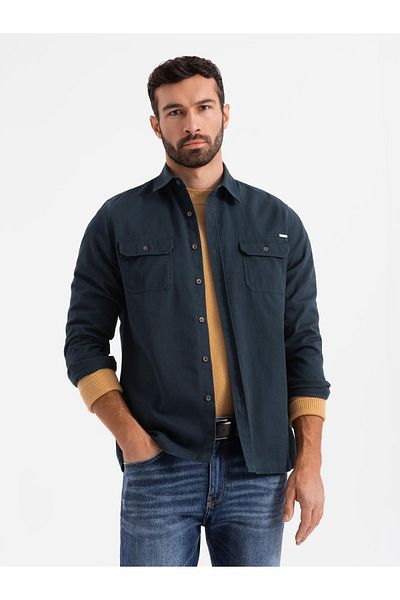 OMBRE Herrenhemd aus Baumwolle mit REGULAR FIT und geknöpften Taschen - marineblau V3 OM-SHCS-0146 L