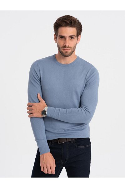 OMBRE Klasický pánský svetr s kulatým výstřihem - světle modrý V10 OM-SWBS-0106 M
