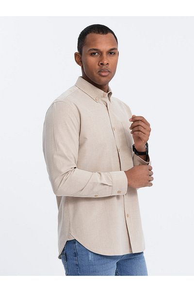 OMBRE Ανδρικό βαμβακερό πουκάμισο REGULAR FIT με τσέπη - μπεζ V1 OM-SHOS-0153 XXL