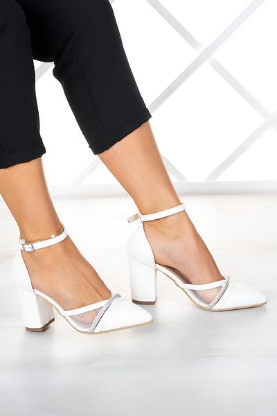 Erkan Saçmacı Molly White Stone Mesh Pantofi Cu Toc Gros 7 Cm.