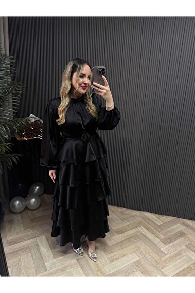 Byelifdursun Annabel Katkat Gül Detaylı Özel Saten Kumaş Elbise Siyah