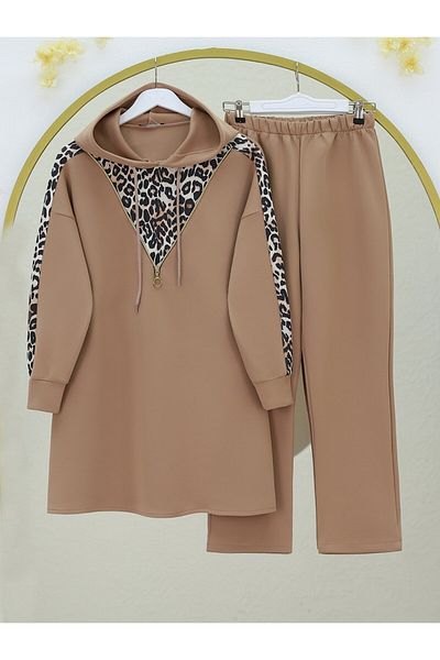 Kirazgym Hooded Zipper Detailed Leopard Skuba Set