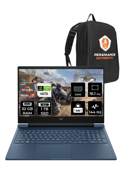 HP Victus 16 R7 8840H 32GB RAM 1TB SSD RTX4070/8GB 144Hz 16.1'' FHD FDOS Gaming Laptop & PER4 ÇANTA