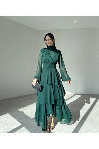 MODA DURAĞI Lilac Chiffon Floor Skirt Tulle Sleeves Pleated Dress
