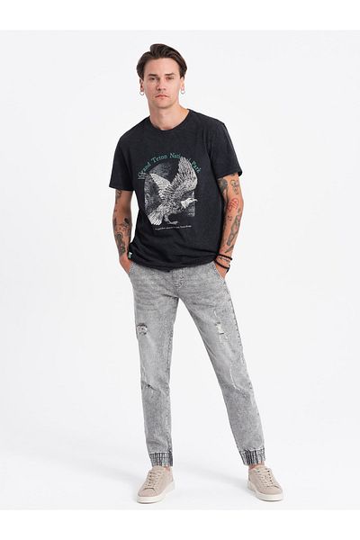 OMBRE Herren JOGGERS Jeanshose mit Abrieb - hellgrau V4 OM-PADJ-0150 M