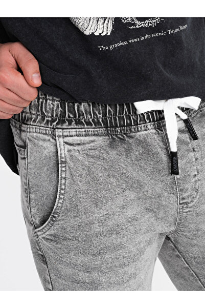 OMBRE Pánské džínové kalhoty JOGGERS se třením - světle šedé V4 OM-PADJ-0150 M