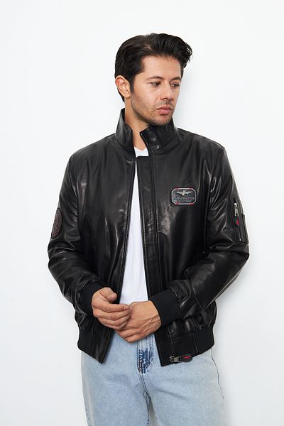 By Marki Marki Men's Genuine Leather Jacket - 70 Cm, Prevailing Collar, Zip-Up, Spring, Waterproof - 502122