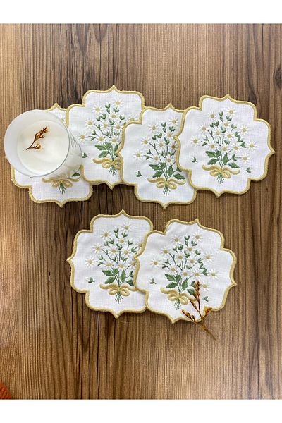 Bonny Home Pachet de 6 șervețele de cocktail din lână margaretă aurie - broderie brodata, prezentare laterală pentru cafea