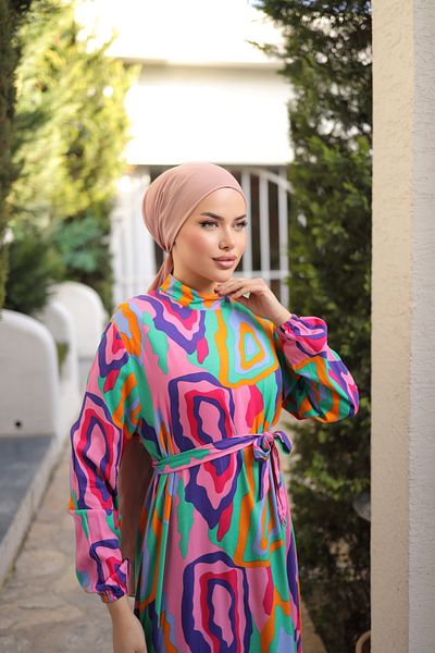 Zaure Women's Hijab Patterned Belted Viscose Dress