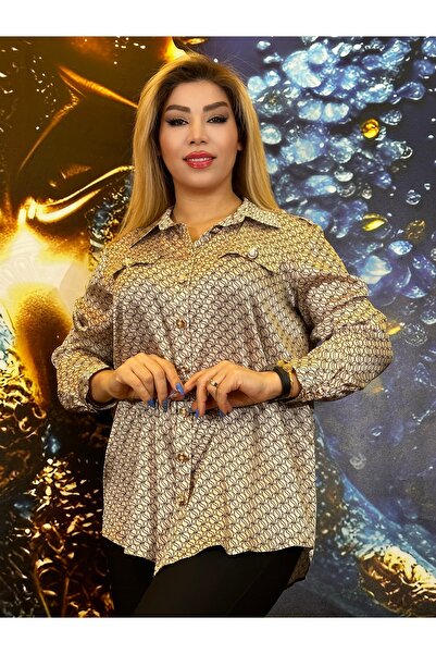 Yeşilmoda Gömlek Günlük desenli Uzun kollu Metal düğme Gömlek yakası İpek krep Yüksek kalite