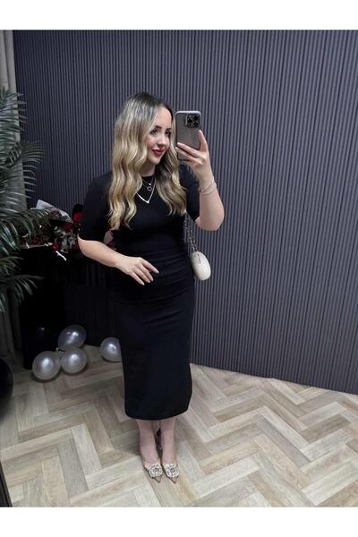 Byelifdursun Velvet Drapeli Midi Boy Kısa Kollu Elbise Siyah