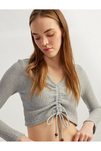 Koton Long Sleeve Gathered V-Neck Knitwear Crop T-Shirt