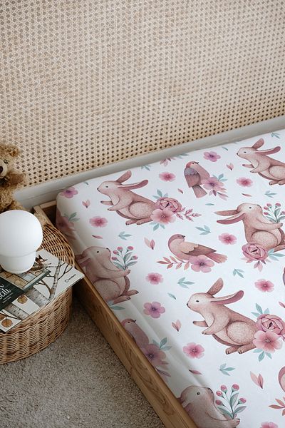 Tuğba Kuğu Printed Flat Sheet - Iconic Series - Pink Wreathed Rabbit