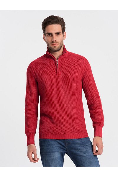 OMBRE Men's knitted sweater with spread collar - red V8 OM-SWZS-0105 XXL