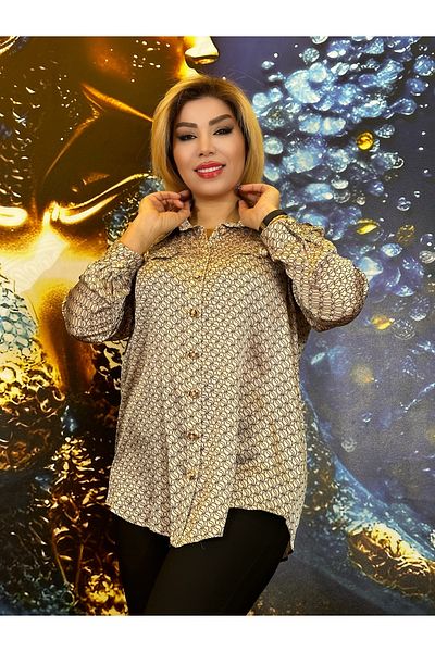Yeşilmoda Shirt Casual Print Long Sleeve Metal Button Shirt Collar Silk Crepe High Quality