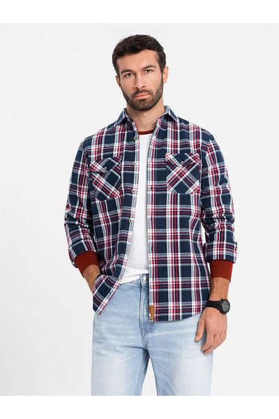 OMBRE Men's flannel shirt with buttoned pockets - red and navy blue OM-SHCS-0137 M