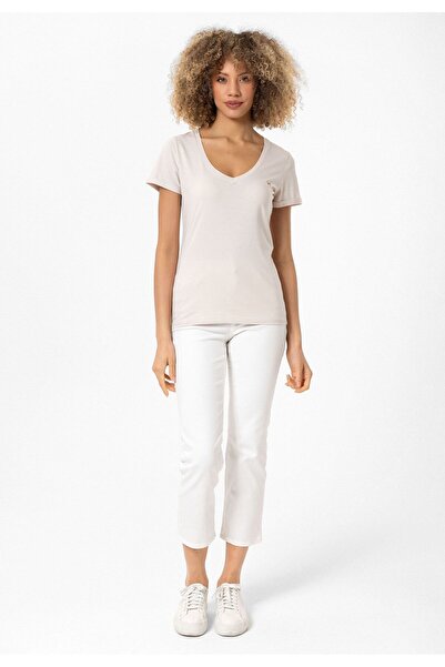 Williot Christina Skin Color Deep V Neck Short Sleeve Compact Cotton Embroidered Slim Fit Women's T-Shirt