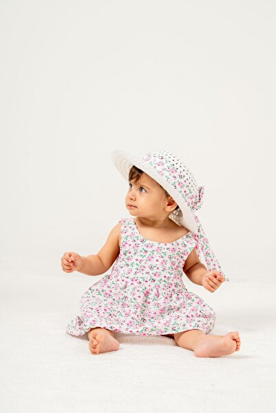 Chicsy Baby Tatlı Çilek Desenli Şapkalı Fiyonklu Kız Bebek Elbisesi