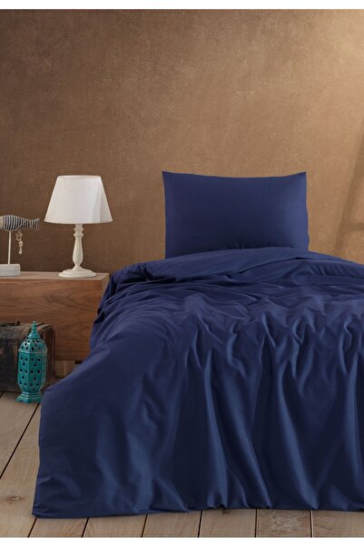 Тъмносин комплект спално бельо за единично легло, 100% памук, с ластик